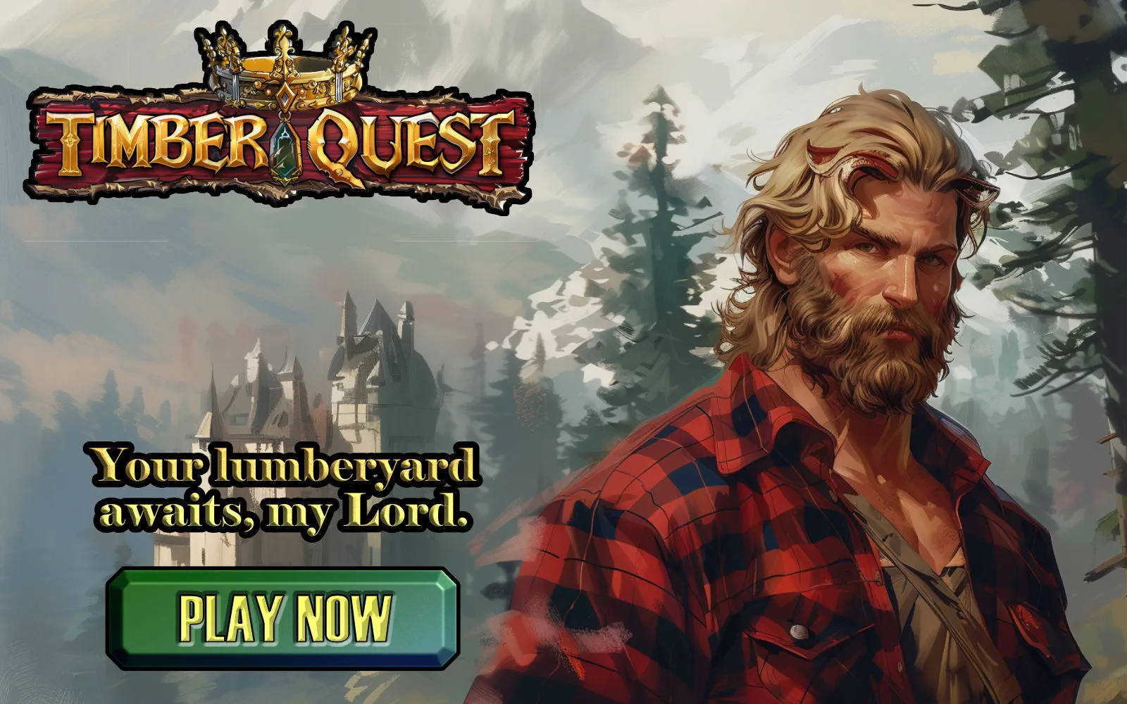 Illustration of a bearded lumberjack in a forest with a castle in the background, with a logo for “Timber Quest” in the corner