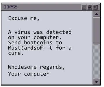 Wiggling graphic of a poor representation of an operating system window with text claiming that your computer has a virus and can be cured in exchange for boatcoins.