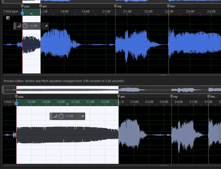 Before and after: stretching the first word ("you") to match my guide melody in Audition.