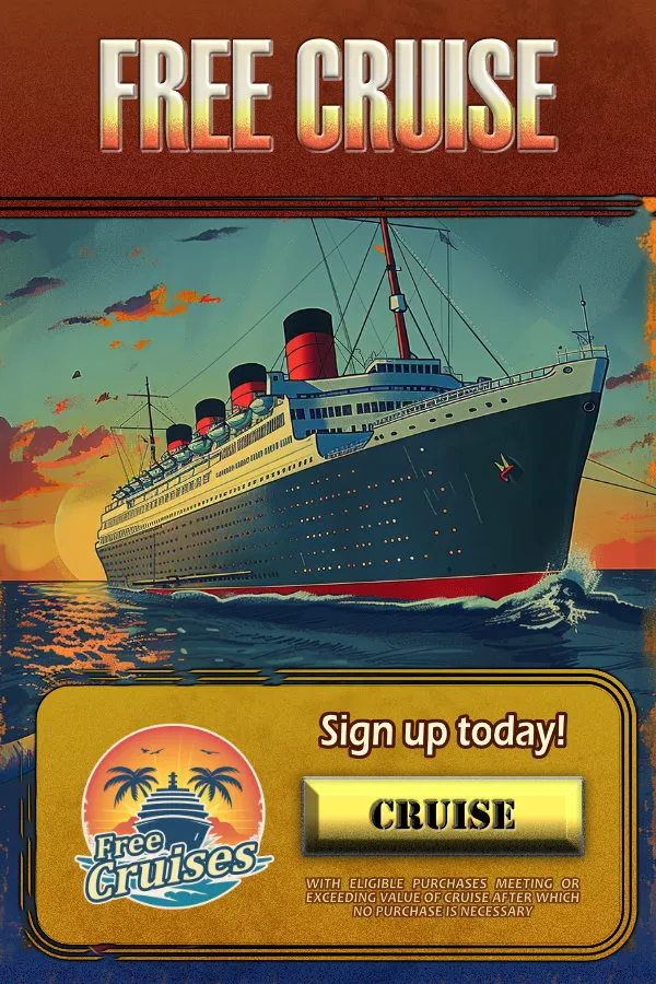 Illustration of a boat overlaid with text advertising a free cruise